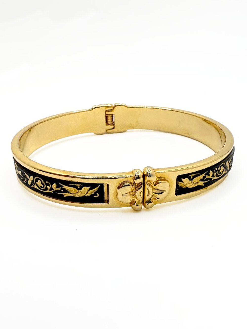 Vintage Damascene Bird Hinged Clamper Bracelet Gold Tone